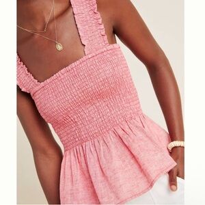 Maeve by Anthropologie Schuyler Smocked Peplum Top Coral Linen Blend